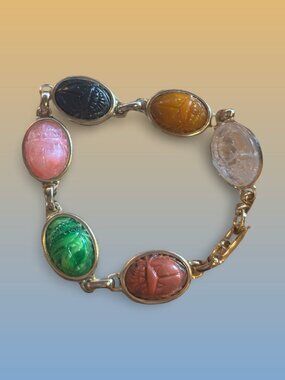 Scarab Beetle Link Bracelet With MultiColored Gemstone Settings Egyptian Revival